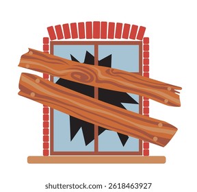 Broken and boarded up window flat vector illustration. Abandoned house window. Concept symbol, cartoon illustration isolated on a white background