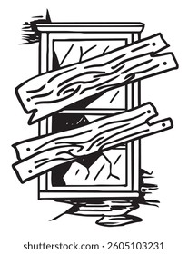 Broken and boarded up window sketch. Abandoned house window. Concept symbol, hand drawn illustration isolated on a white background