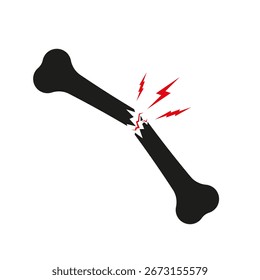 Broken bone icon with jagged fracture and red pain lines, symbolizing injury or trauma. Ideal for medical, emergency, or health-related visuals.