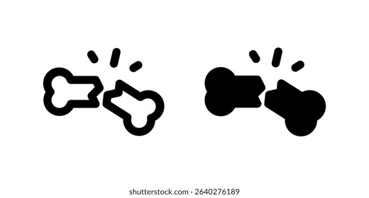 Broken Bone Icon Set. A black glyph and outline icon of a broken bone, indicating injury or fracture.