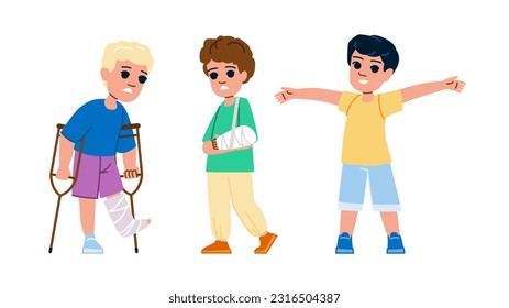 broken bone kid boy vector. child fracture, leg injured, arm accident, foot hospital, injury xray broken bone kid boy character. people flat cartoon illustration