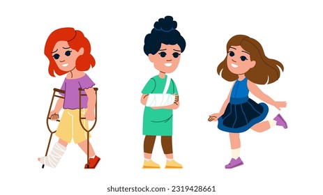 broken bone kid girl vector. child injury, fracture arm, injured hurt, leg medical, bandage patient broken bone kid girl character. people flat cartoon illustration