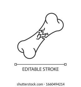 Broken bone pixel perfect linear icon. Impacted, traverse fracture. Accident. Hurt body part. Thin line customizable illustration. Contour symbol. Vector isolated outline drawing. Editable stroke