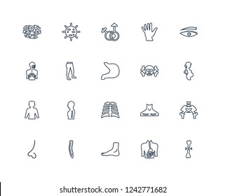 Broken bone, Woman Pregnant, Human Eyebrow, Hand showing palm, Nose Side View, Big Cellule, Neck, Respiratory System outline vector icons from 20 set