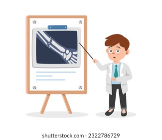 Estilo de caricatura de hueso roto x clipart. Doctor mostrando imagen de rayos X al estilo dibujado a mano por el vector plano del paciente con brazo roto. Estilo de dibujos animados con resultado de rayos X. Concepto hospitalario y médico