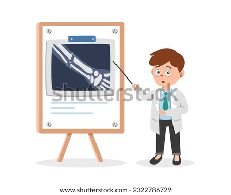 Broken bone x ray clipart cartoon style. Doctor showing x ray image to broken arm patient flat vector illustration hand drawn style. X ray result cartoon style. Hospital and medical concept