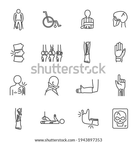 Broken bones thin line icons set isolated on white. Fracture, dislocation of leg, arm, skull, finger pictograms collection. Crutches, plaster of Paris, wheelchair vector elements for infographic, web.