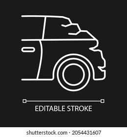 Broken boot white linear icon for dark theme. Bumping vehicle from behind. Rear-end collision. Thin line customizable illustration. Isolated vector contour symbol for night mode. Editable stroke