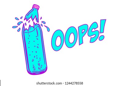 Broken bottle with drinks,  funny oops concept of vector illustration on isolated white background