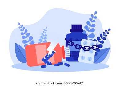 Broken bottle with pills and drugs in chain vector illustration. Drug treatment, medicine for drug addiction concept