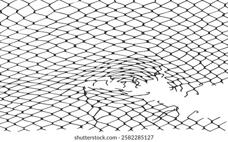 Broken Boundaries, A Symbolic Illustration of Freedom and Vulnerability Through a Damaged Chain-Link Fence Isolated on White Canvas with a Stark Black and White Contrast