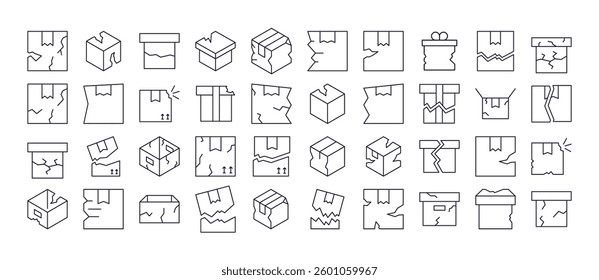 Broken Box Bundle of Related Line Icons. Outline Signs for Graphic and Web Design, Apps, Adverts, Various Cards