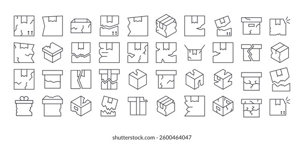 Broken Box Line Icon Set. Outline Signs for Graphic and Web Design, Apps, Adverts, Various Cards