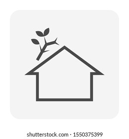  Broken branch or tree on roof of house building vector icon. To fallen cause by disaster i.e. hurricane, storm, wind, tornado. Concept for damage home, claim, insurance. Also destroyed, destruction.
