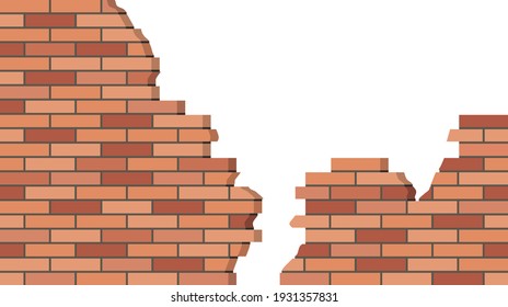 Broken Brick Wall. 3D view,  brick stone wall ruins, old building. Background for cartoon.. Flat design style. Vector illustration