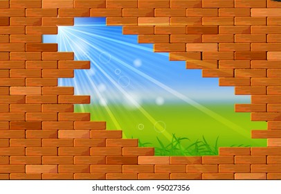 Broken brick wall with beautiful landscape. Vector.