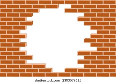 Broken brick wall with copy space for your design. Vector round hole on brick wall on white background.