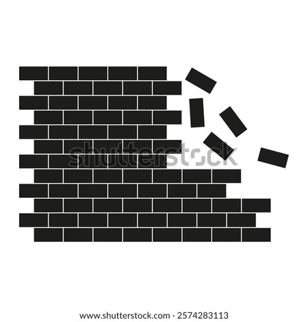 Broken brick wall. Falling block vector. Construction collapse symbol. Black simple graphic.