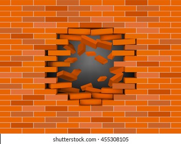 Broken brick wall with flying bricks. Vector editable illustration.