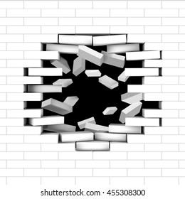 Broken Brick Wall With Flying Bricks. Vector Editable Illustration.