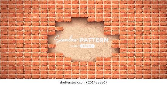 Broken brick wall with hole seamless pattern. Vector illustration. Red color. Cartoon design. Flat style. High detailed. Wall texture background. Stone blocks. Realistic. Eps10.