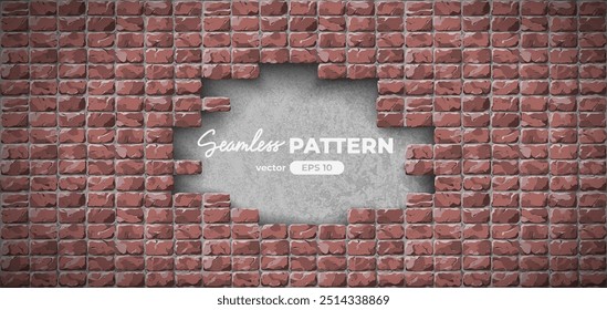 Broken brick wall with hole seamless pattern. Vector illustration. Red color. Cartoon design. Flat style. High detailed. Wall texture background. Stone blocks. Realistic. Eps10.