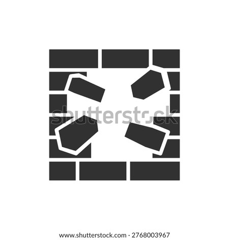 Broken brick wall icon. Damage and destruction concept. Monochrome black and white symbol