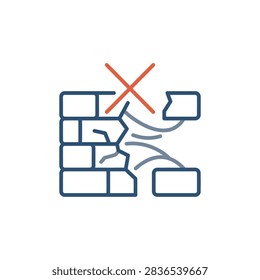 Broken brick wall icon with red cross symbol.