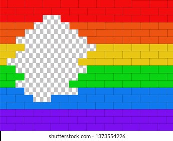 
Broken brick wall with LGBT flag. Hole with alpha channel. Vector illustration.