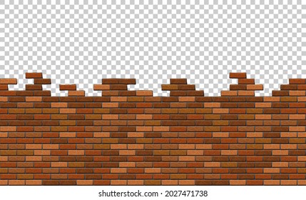 Broken brick wall with transparent background, horizontal view. Vector illustration of destroyed red brick wall