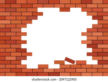 Broken brick wall with white hole. Broken red brick building. Red background with frame for info. Texture of castle or stone house. Crack on stonewall. Construction with concrete for tile. Vector.