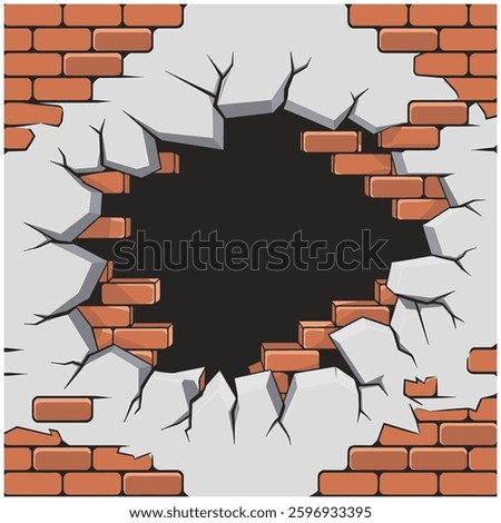 Broken Bricks wall with hole crack effect isolated vector art illustration