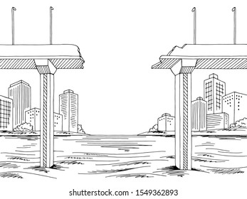 Broken Bridge Graphic Black White Landscape City Sketch Illustration Vector