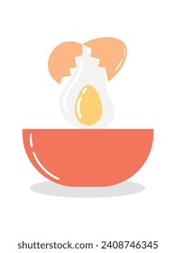 Broken brown chicken egg in an orange bowl. Vector illustration flat icon isolated on white background.