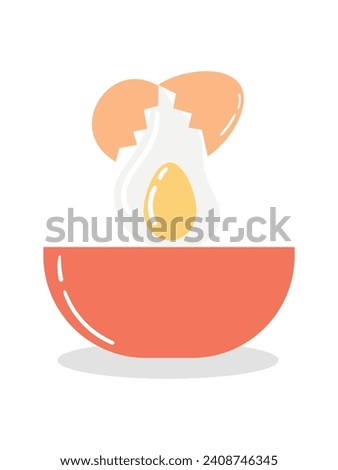 Broken brown chicken egg in an orange bowl. Vector illustration flat icon isolated on white background.