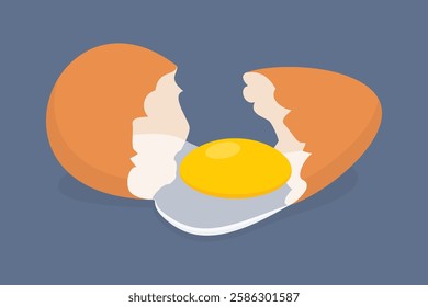 A broken brown chicken egg with raw liquid protein and yolk. A raw egg.  Breaking eggshells and adding an ingredient to a dish. Vector illustration in a flat style on dark background.