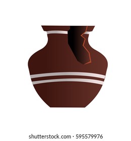 Broken brown clay pot, decorated with light strips. Vector illustration, isolated on white background.