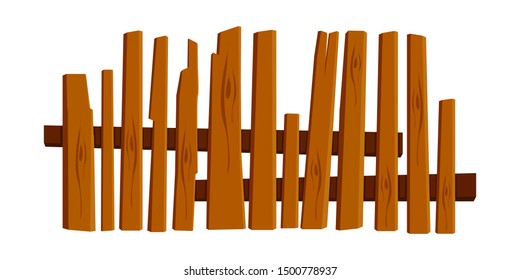 Broken Brown Fence On A White Background. Flat Vector Illustration.