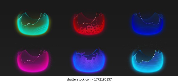 Broken bubble shields, damaged protection force fields. Vector realistic set of safety energy barrier with crack and fracture isolated on black background. Broken defence concept