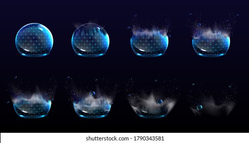 Broken bubble shields, explosion protection force fields. Vector realistic set of stages of safety energy barrier burst. Damaged shine spheres with blue geometric pattern