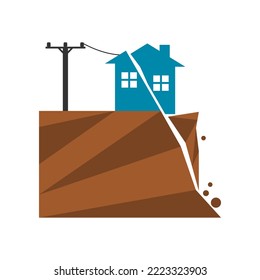 Broken building house with electric power voltage pole on mountain hill collapse earthquake landslide natural disaster warning sign icon flat vector design.