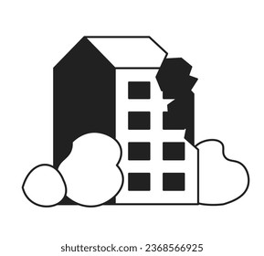 Broken building monochrome flat vector object. Damages after catastrophe. Editable black and white thin line icon. Simple cartoon clip art spot illustration for web graphic design