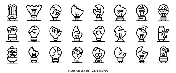 Broken bulb icons set. Different types of broken light bulbs representing a lack of ideas, dangerous situations, and the need for repairs