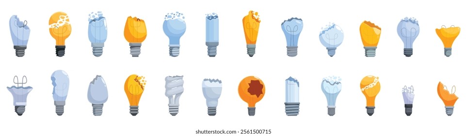 Broken bulb icons set. Set of broken light bulbs illustrating various states of disrepair, highlighting concepts of damage, malfunction, and the need for replacement