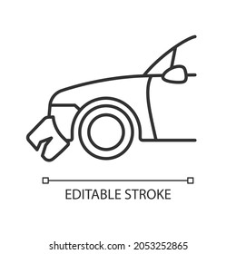Broken bumper linear icon. Car crash. Visible external damage. Striking another vehicle. Thin line customizable illustration. Contour symbol. Vector isolated outline drawing. Editable stroke