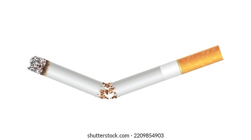 Broken burning cigarette realistic isolated on white background. No smoking, tobacco addiction, cancer and bad behaviors concept. 3d vector illustration