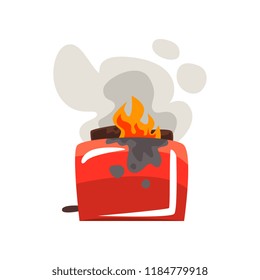 Broken burning toaster, damaged home appliance cartoon vector Illustration on a white background