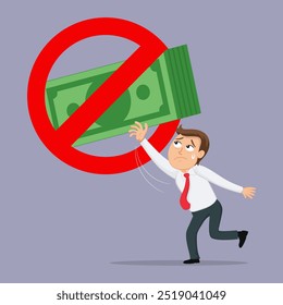 Broken businessman and prohibition money no icon label warning and forbidden. No Money Pocket. Flat, Vector, Illustration, Cartoon, EPS10.   