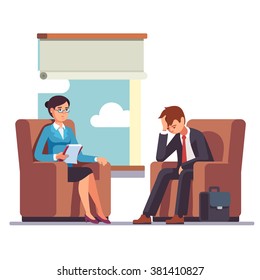 Broken businessman talking to psychologist. Psychotherapy counseling. Business man dealing with stress. Flat style modern vector illustration.