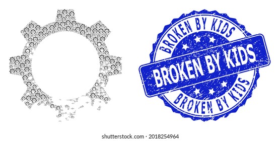 Broken by Kids textured round stamp seal and vector fractal collage damaged gear. Blue stamp seal includes Broken by Kids caption inside round shape.